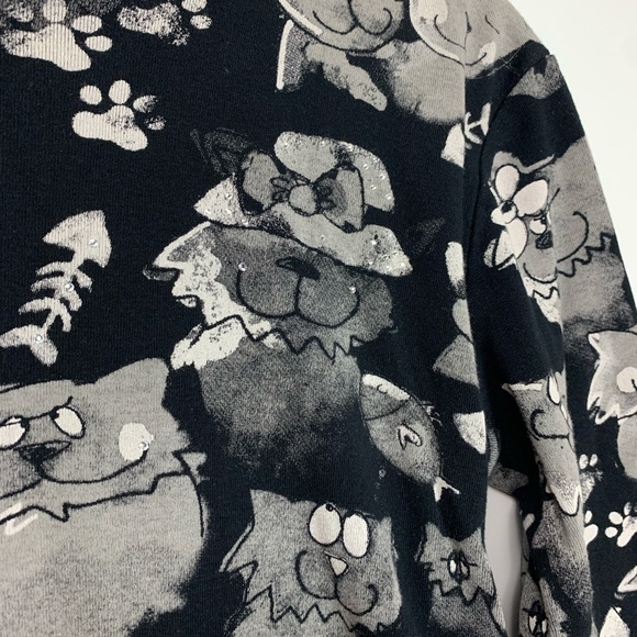 Jess & Jane Womens Cat Meadley Top Sz Small Rhinestones Black Cotton knit USA - Picture 11 of 15